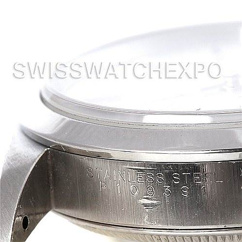 This image shows a side profile of the Rolex Air-King 14000 Men's Stainless Steel Silver Dial 14000 Men's Stainless Steel Silver Dial watch, highlighting the stainless steel casing and its serial number.