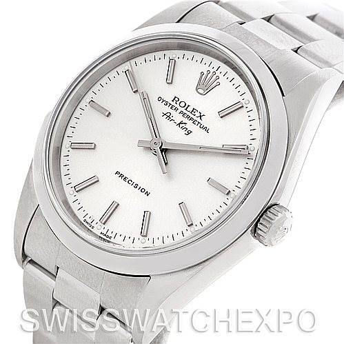 The image shows a Rolex Air-King 14000 Men's Stainless Steel Silver Dial 14000 Men's Stainless Steel Silver Dial watch from a three-quarter angle, highlighting the dial, bezel, crown, and stainless steel bracelet.