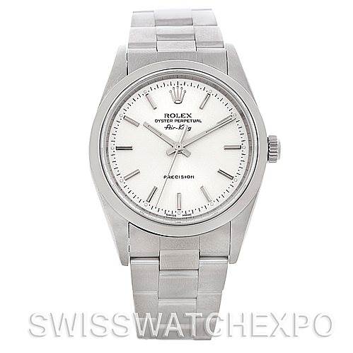 The image shows a front view of a Rolex Air-King 14000 Men's Stainless Steel Silver Dial 14000 Men's Stainless Steel Silver Dial watch, displaying the face with hands and markers, and part of the metal bracelet.
