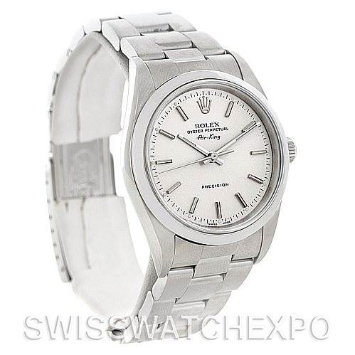 The image shows a front and angled side view of a Rolex Air-King 14000 Men's Stainless Steel Silver Dial 14000 Men's Stainless Steel Silver Dial watch, highlighting its dial, bezel, and bracelet.