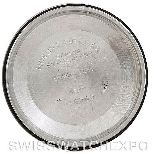 The image shows the inside of the case back for a Rolex Air-King 14010 Men's Stainless Steel Black Dial 14010 Men's Stainless Steel Black Dial watch, made of stainless steel.