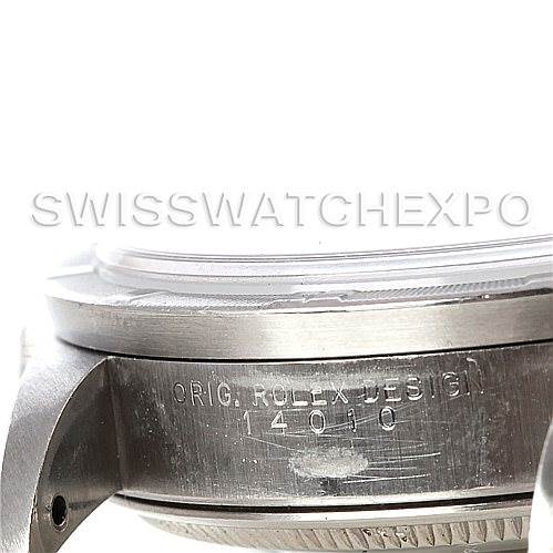 This image shows a side view of the case of a Rolex Air-King 14010 Men's Stainless Steel Black Dial 14010 Men's Stainless Steel Black Dial model, focusing on the engraved design number.