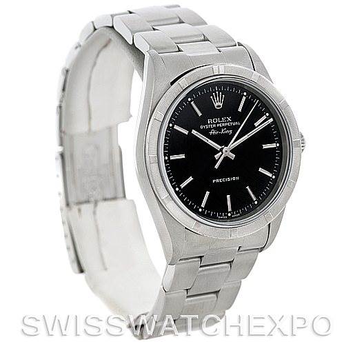 The image shows a Rolex Air-King 14010 Men's Stainless Steel Black Dial 14010 Men's Stainless Steel Black Dial watch at a slight angle displaying its black dial, bezel, and stainless steel bracelet.