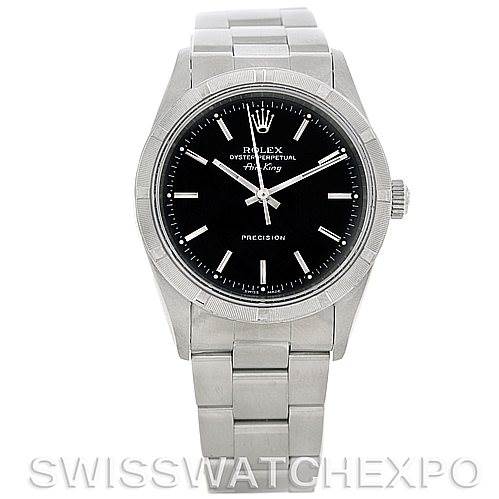 This image shows a front-facing view of a Rolex Air-King 14010 Men's Stainless Steel Black Dial 14010 Men's Stainless Steel Black Dial watch, displaying the face, bezel, case, and bracelet.