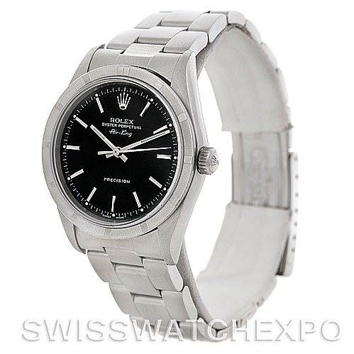 The image shows a Rolex Air-King 14010 Men's Stainless Steel Black Dial 14010 Men's Stainless Steel Black Dial model watch at a slight left-side angle, displaying the black dial, case, crown, and bracelet.