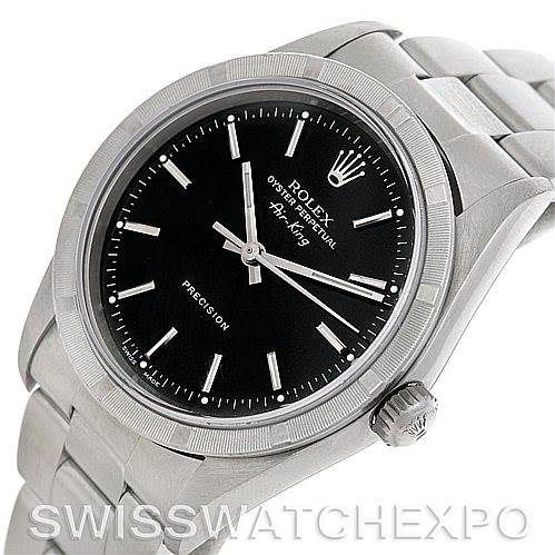 This image shows a Rolex Air-King 14010 Men's Stainless Steel Black Dial 14010 Men's Stainless Steel Black Dial watch at a slight angle, highlighting the black dial, crown, bezel, and part of the bracelet.