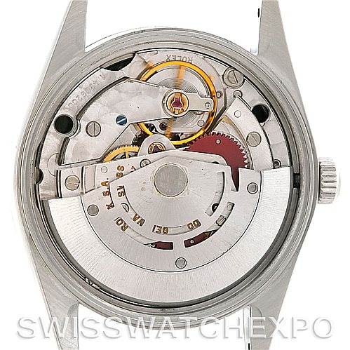 The image shows the movement mechanism of a Rolex Air-King 14010 Men's Stainless Steel Black Dial 14010 Men's Stainless Steel Black Dial watch from a rear angle with the case back removed.