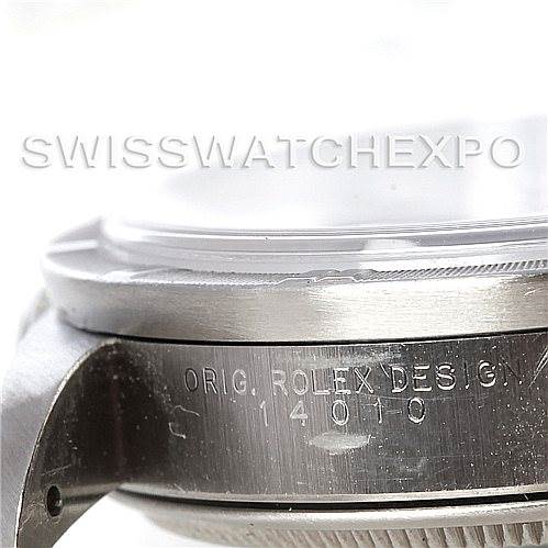 This close-up angle shows the side of the case and bezel of a Rolex Air-King 14010 Men's Stainless Steel White Dial 14010 Men's Stainless Steel White Dial model.