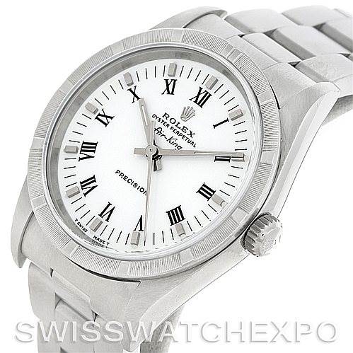 The image shows a front-angle view of a Rolex Air-King 14010 Men's Stainless Steel White Dial 14010 Men's Stainless Steel White Dial watch, highlighting the bezel, dial, crown, and bracelet.