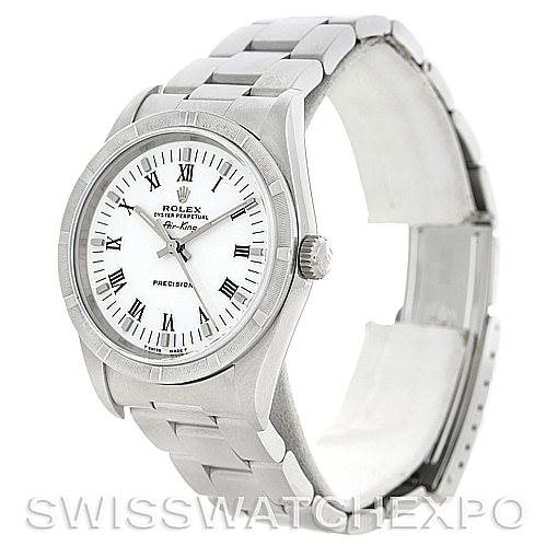 This image shows a Rolex Air-King 14010 Men's Stainless Steel White Dial 14010 Men's Stainless Steel White Dial watch at a three-quarter angle, highlighting the watch face, bezel, crown, and bracelet.