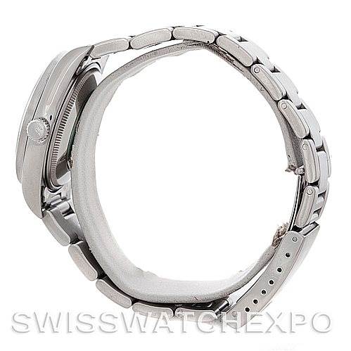 The image shows a Rolex Air-King 14010 Men's Stainless Steel White Dial 14010 Men's Stainless Steel White Dial watch from a side view, highlighting the bracelet and the case with the crown.