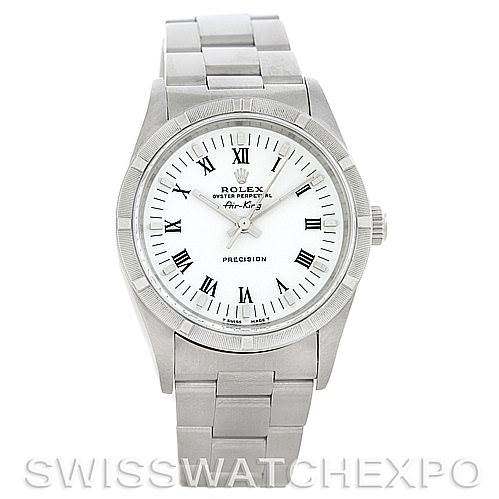 The image shows a front-facing view of a Rolex Air-King 14010 Men's Stainless Steel White Dial 14010 Men's Stainless Steel White Dial watch, displaying the white dial, Roman numerals, and stainless steel bracelet.