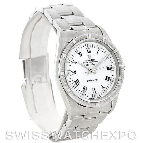 The image shows a Rolex Air-King 14010 Men's Stainless Steel White Dial 14010 Men's Stainless Steel White Dial watch at a three-quarter angle, highlighting the face, bezel, and bracelet.