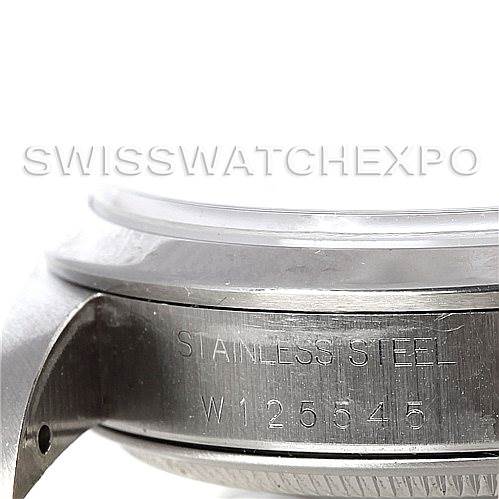 The image shows a close-up of the side of the stainless steel casing of a Rolex Air-King 14000 Men's Stainless Steel Silver Dial 14000 Men's Stainless Steel Silver Dial watch, displaying its serial number.