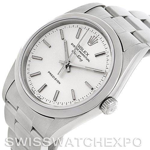 This is a Rolex Air-King 14000 Men's Stainless Steel Silver Dial 14000 Men's Stainless Steel Silver Dial watch seen at a slight angle, showing the face, bezel, crown, and part of the metal bracelet.