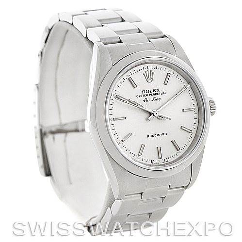 The image shows a Rolex Air-King 14000 Men's Stainless Steel Silver Dial 14000 Men's Stainless Steel Silver Dial watch from an angled top-side view, displaying the face, bezel, and part of the metal bracelet.