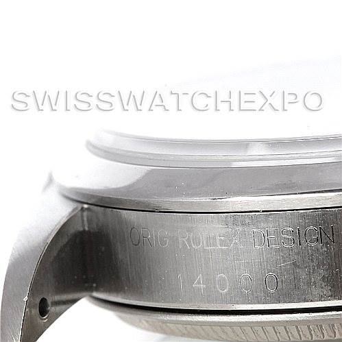 The image shows a close-up side view of a Rolex Air-King 14000 Men's Stainless Steel Silver Dial 14000 Men's Stainless Steel Silver Dial watch's case, highlighting the "ORIG ROLEX DESIGN" engraving and model number 14000.
