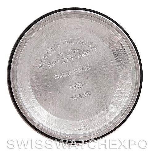 This image shows the interior case back of a Rolex Air-King 14000 Men's Stainless Steel Silver Dial 14000 Men's Stainless Steel Silver Dial watch with engraved inscriptions.