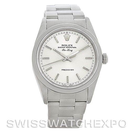 This image shows a front view of a Rolex Air-King 14000 Men's Stainless Steel Silver Dial 14000 Men's Stainless Steel Silver Dial watch, featuring the dial, case, bezel, crown, and bracelet.