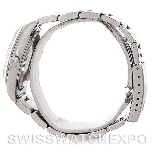 The image shows a side profile of the Rolex Air-King 14000 Men's Stainless Steel Silver Dial 14000 Men's Stainless Steel Silver Dial watch, highlighting its metal bracelet and crown.