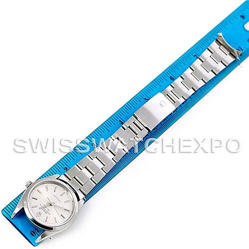 This image shows a Rolex Air-King 14000 Men's Stainless Steel Silver Dial 14000 Men's Stainless Steel Silver Dial watch laid flat next to a ruler, displaying the watch face and full bracelet.