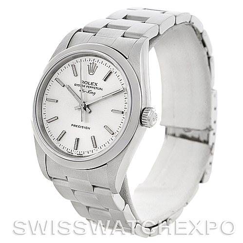 The image shows a frontal and slightly angled view of a Rolex Air-King 14000 Men's Stainless Steel Silver Dial 14000 Men's Stainless Steel Silver Dial watch, highlighting its dial, crown, and bracelet.
