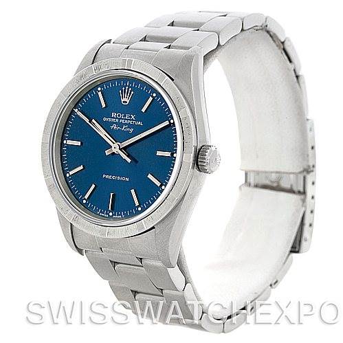This image shows a Rolex Air-King 14010 Men's Stainless Steel Blue Dial 14010 Men's Stainless Steel Blue Dial watch angled slightly to the left, depicting the face, bezel, crown, and bracelet.
