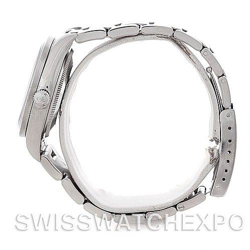 The image shows a side view of the Rolex Air-King 14010 Men's Stainless Steel Blue Dial 14010 Men's Stainless Steel Blue Dial watch, displaying its case, crown, and bracelet.