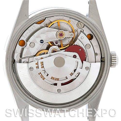 This image shows the inner mechanism of a Rolex Air-King 14010 Men's Stainless Steel Blue Dial 14010 Men's Stainless Steel Blue Dial watch, viewed from the back with the case removed.