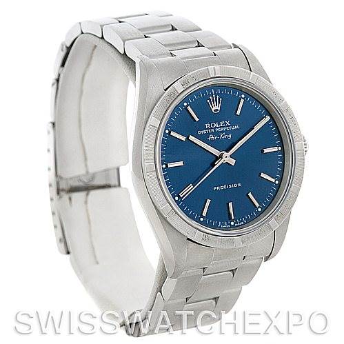 The Rolex Air-King 14010 Men's Stainless Steel Blue Dial 14010 Men's Stainless Steel Blue Dial watch is shown from a three-quarter angle, displaying its blue dial, silver bracelet, and bezel.
