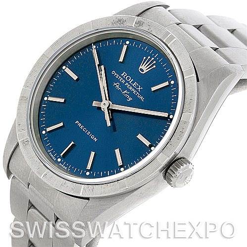 The image shows a Rolex Air-King 14010 Men's Stainless Steel Blue Dial 14010 Men's Stainless Steel Blue Dial watch at a slight angle, displaying its blue dial, hour markers, and metal bracelet.