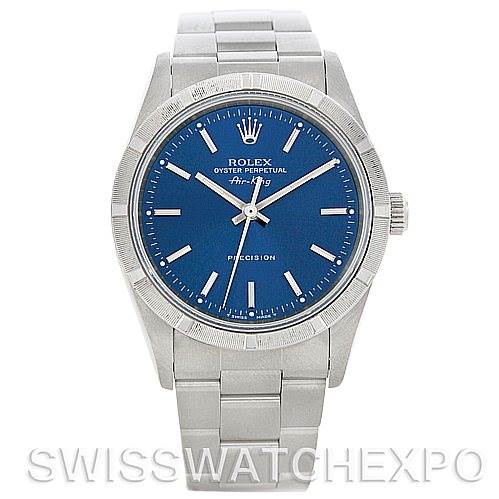 The image shows a front view of the Rolex Air-King 14010 Men's Stainless Steel Blue Dial 14010 Men's Stainless Steel Blue Dial watch, featuring a blue dial and silver bracelet.