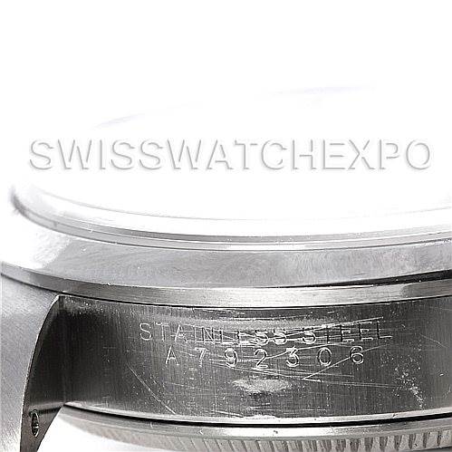 This image shows the side and back of a Rolex Air-King 14000 Men's Stainless Steel Blue Dial 14000 Men's Stainless Steel Blue Dial watch case, highlighting the engraved serial number and “Stainless Steel” marking.