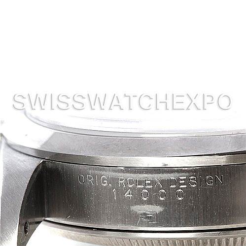 The image shows a close-up of the side view of a Rolex Air-King 14000 Men's Stainless Steel Blue Dial 14000 Men's Stainless Steel Blue Dial watch, highlighting the engraved "ORIG. ROLEX DESIGN 14000."