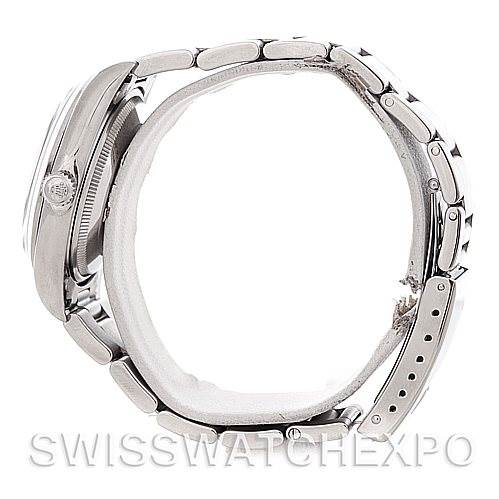 The image shows a side view of the Rolex Air-King 14000 Men's Stainless Steel Blue Dial 14000 Men's Stainless Steel Blue Dial watch, highlighting its case, crown, and bracelet.