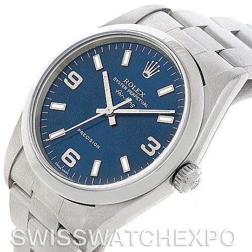 The image shows a Rolex Air-King 14000 Men's Stainless Steel Blue Dial 14000 Men's Stainless Steel Blue Dial watch viewed at an angle displaying the face, crown, and part of the bracelet.