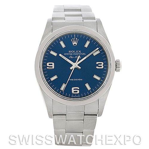 The image shows a front view of a Rolex Air-King 14000 Men's Stainless Steel Blue Dial 14000 Men's Stainless Steel Blue Dial watch with a blue dial and stainless steel bracelet.
