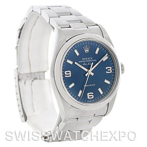 The image shows a side-angle view of a Rolex Air-King 14000 Men's Stainless Steel Blue Dial 14000 Men's Stainless Steel Blue Dial watch, displaying the face, bezel, crown, and part of the bracelet.