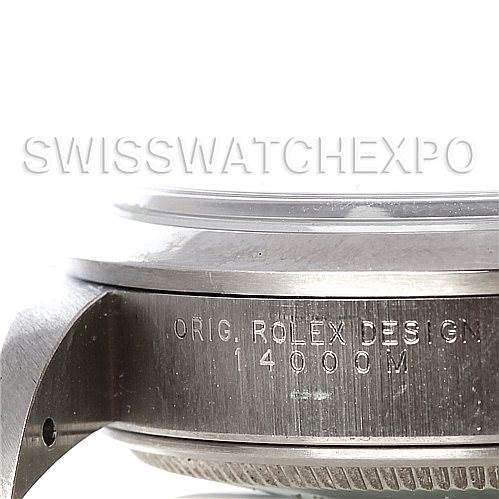 This is a close-up of the side of a Rolex Air-King 14000 Men's Stainless Steel Blue Dial 14000 Men's Stainless Steel Blue Dial watch model 14000M, showing part of the case and the inscription.