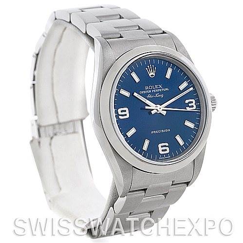 The image shows the Rolex Air-King 14000 Men's Stainless Steel Blue Dial 14000 Men's Stainless Steel Blue Dial watch at a three-quarter angle, highlighting the dial, bezel, bracelet, and partially open clasp.