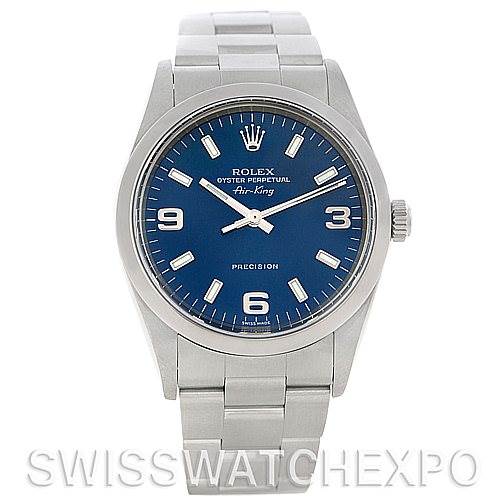 The image shows a front view of the Rolex Air-King 14000 Men's Stainless Steel Blue Dial 14000 Men's Stainless Steel Blue Dial watch, displaying the face, bezel, and part of the bracelet.