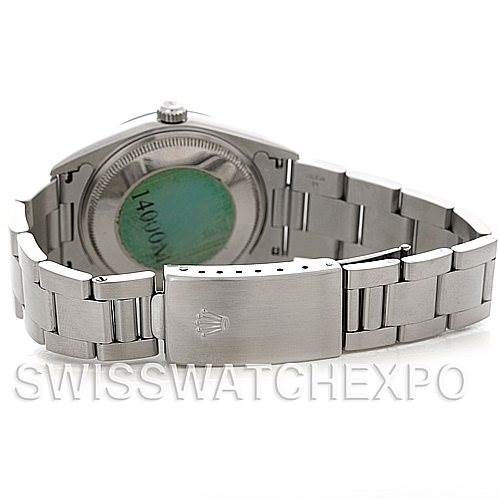 The image shows the back case and bracelet clasp of a Rolex Air-King 14000 Men's Stainless Steel Blue Dial 14000 Men's Stainless Steel Blue Dial watch at a rear angle.