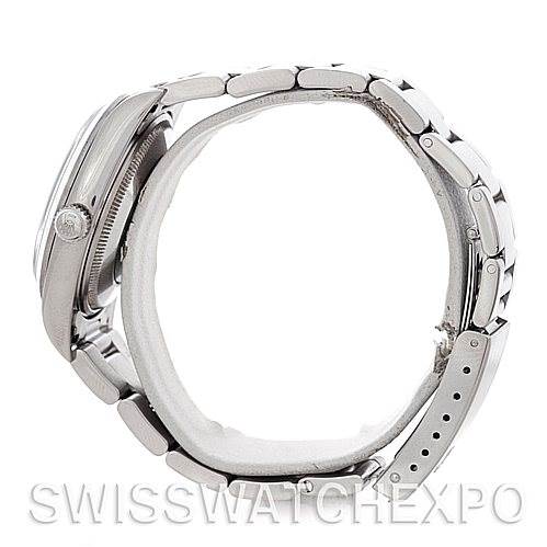 This image shows a side view of a Rolex Air-King 14000 Men's Stainless Steel Blue Dial 14000 Men's Stainless Steel Blue Dial watch highlighting its case, crown, and bracelet.