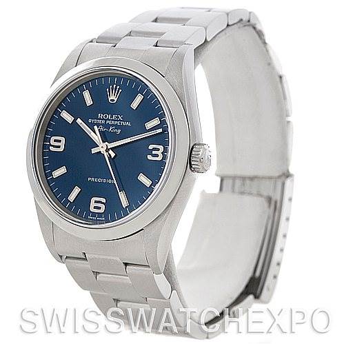This image shows a front-angle view of a Rolex Air-King 14000 Men's Stainless Steel Blue Dial 14000 Men's Stainless Steel Blue Dial watch, highlighting its dial, bezel, bracelet, and clasp.