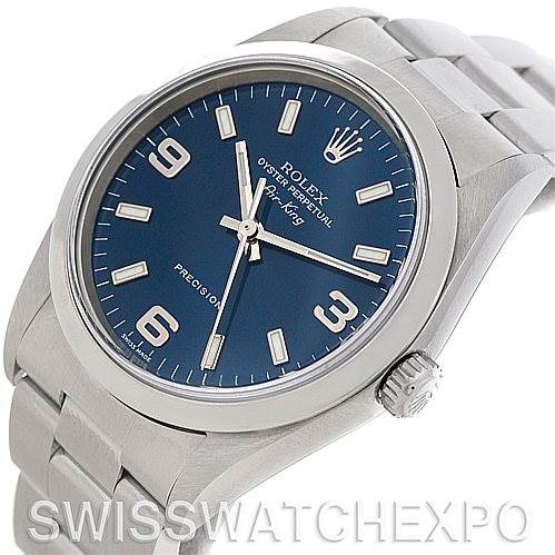 The image shows a Rolex Air-King 14000 Men's Stainless Steel Blue Dial 14000 Men's Stainless Steel Blue Dial watch angled to display its face, bezel, crown, and bracelet in a three-quarter view.