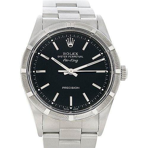 The image shows a frontal view of the Rolex Air-King watch, displaying its dial, bezel, and bracelet.