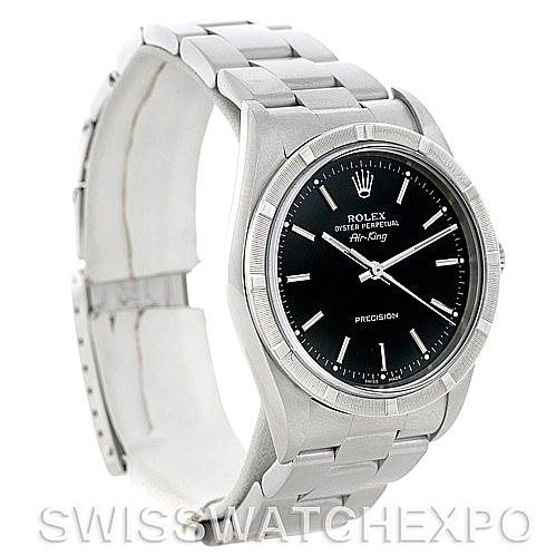 This image shows a Rolex Air-King 14010 Men's Stainless Steel Black Dial 14010 Men's Stainless Steel Black Dial watch at an angled side view, showcasing the dial, case, and bracelet.