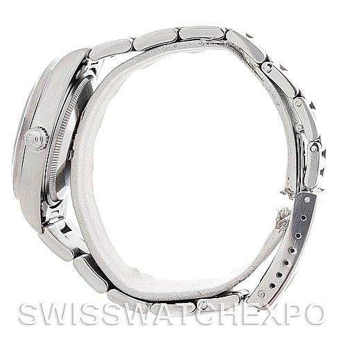 This image shows a Rolex Air-King 14010 Men's Stainless Steel Black Dial 14010 Men's Stainless Steel Black Dial watch from a side view, displaying the case, crown, and bracelet with the clasp.