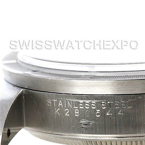 The image shows the side view of the stainless steel case back with the serial number for a Rolex Air-King 14010 Men's Stainless Steel Black Dial 14010 Men's Stainless Steel Black Dial watch.