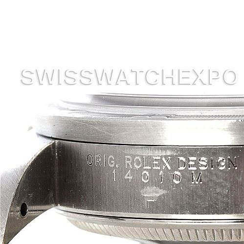The image shows a side view of the Rolex Air-King 14010 Men's Stainless Steel Black Dial 14010 Men's Stainless Steel Black Dial watch, focusing on the case with "ORIG. ROLEX DESIGN 14010 M" engraving.